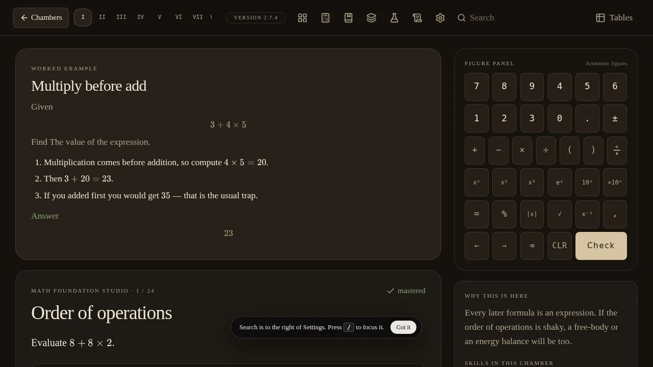 Graduate Lab screenshot: a worked example (“Multiply before add”) next to the answer keypad and Check button, in the Order of Operations chamber