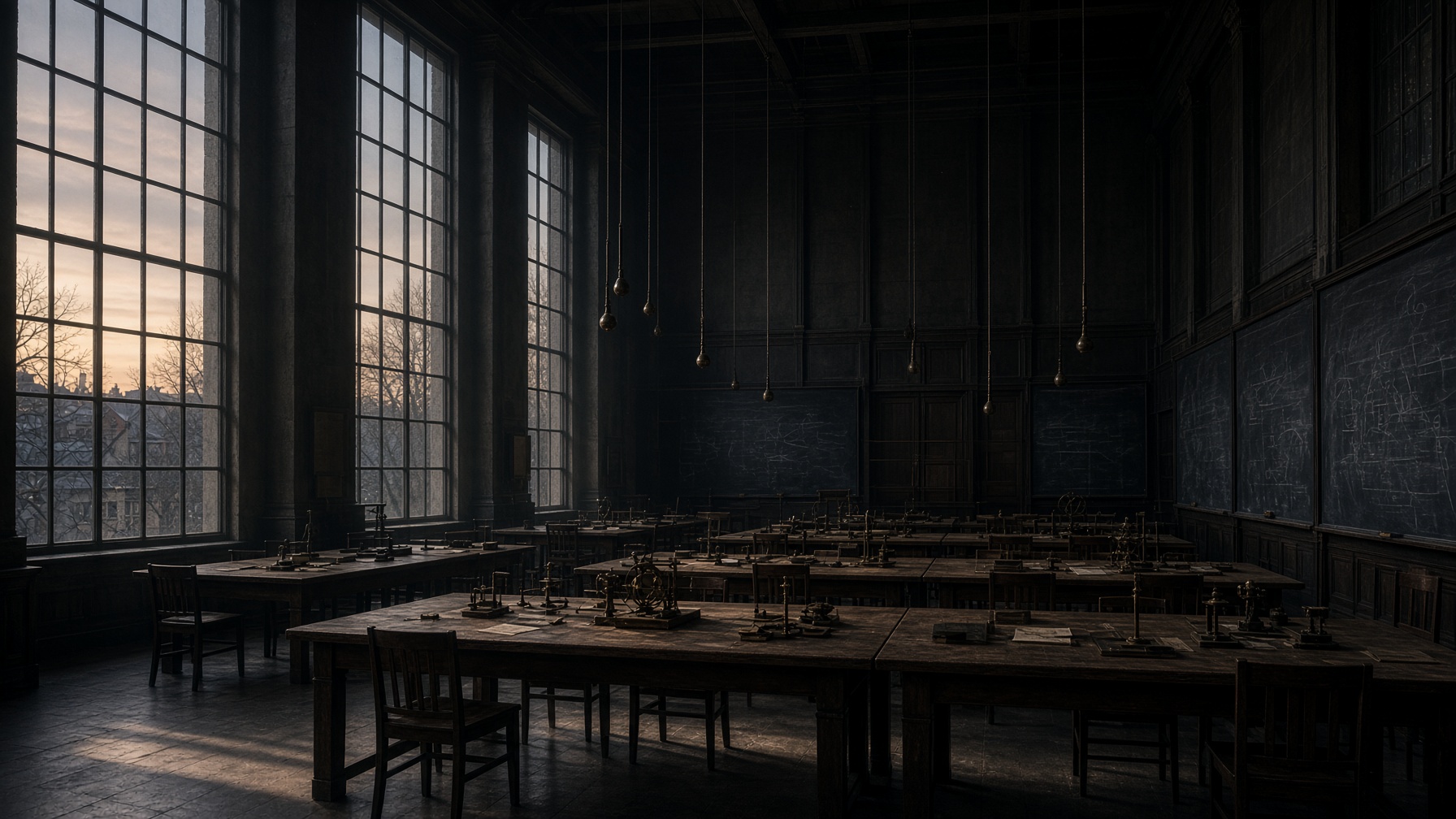 The Graduate hall — tall windows, benches, hanging lamps